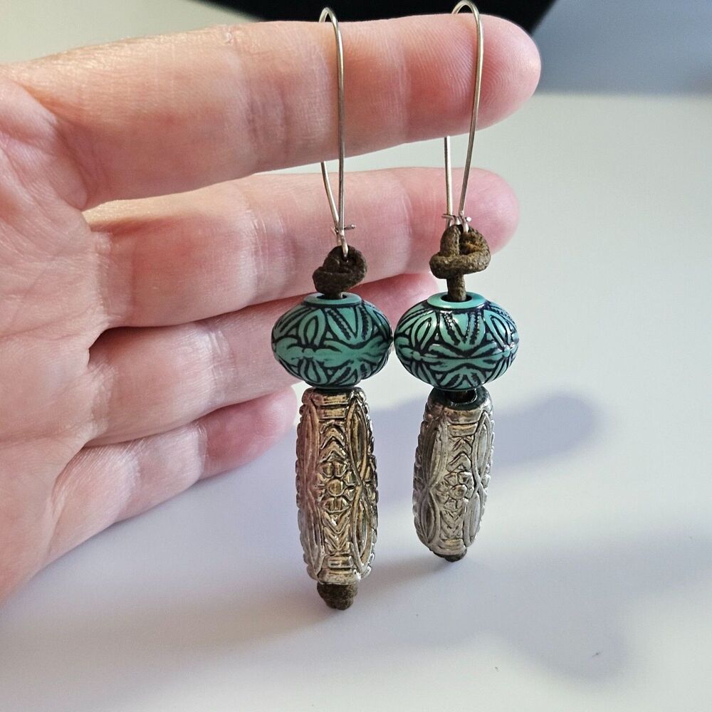 Silver Tone and Blue Chunky Beaded Dangling Earrings